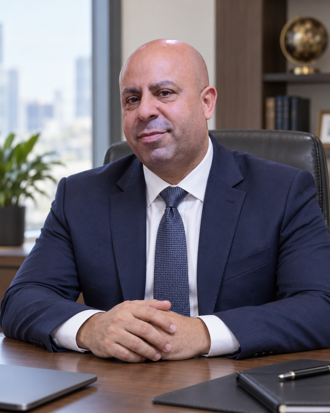 Retrato do CEO da Forte Susã de terno, sentado à mesa de escritório